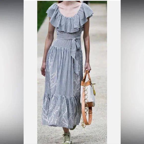 NWT Tory Burch Eyelet Embroidered Stripe Flounce Ruffles Midi Dress Sz 10 Beach NWT Tory Burch Eyelet Embroidered Stripe Flounce Ruffles Midi Dress Sz 10 Beach